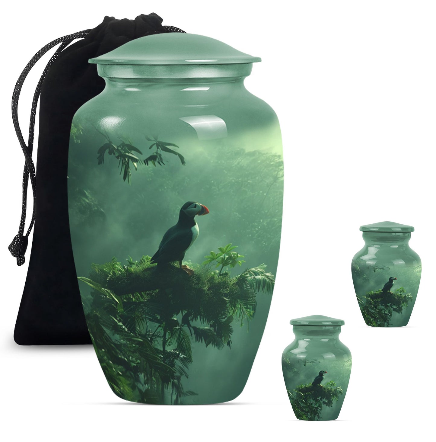 Classic 10-inch puffin bird burial urn for human ashes.