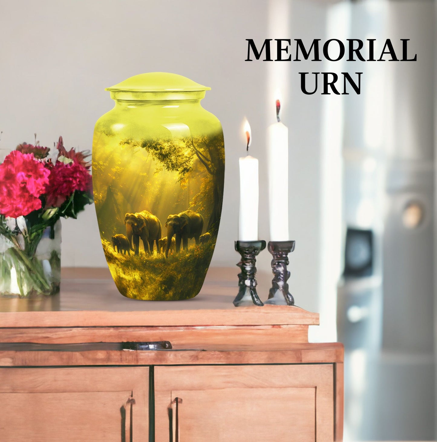 elephant family urn for adult ashes.