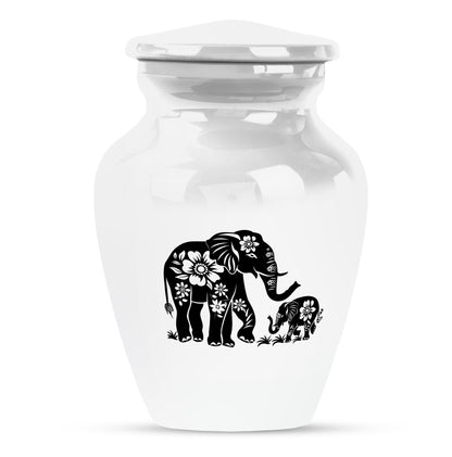 Elephant Urn for Human Ashes, White Urn with Black Floral Elephant and Calf, Memorial Urn