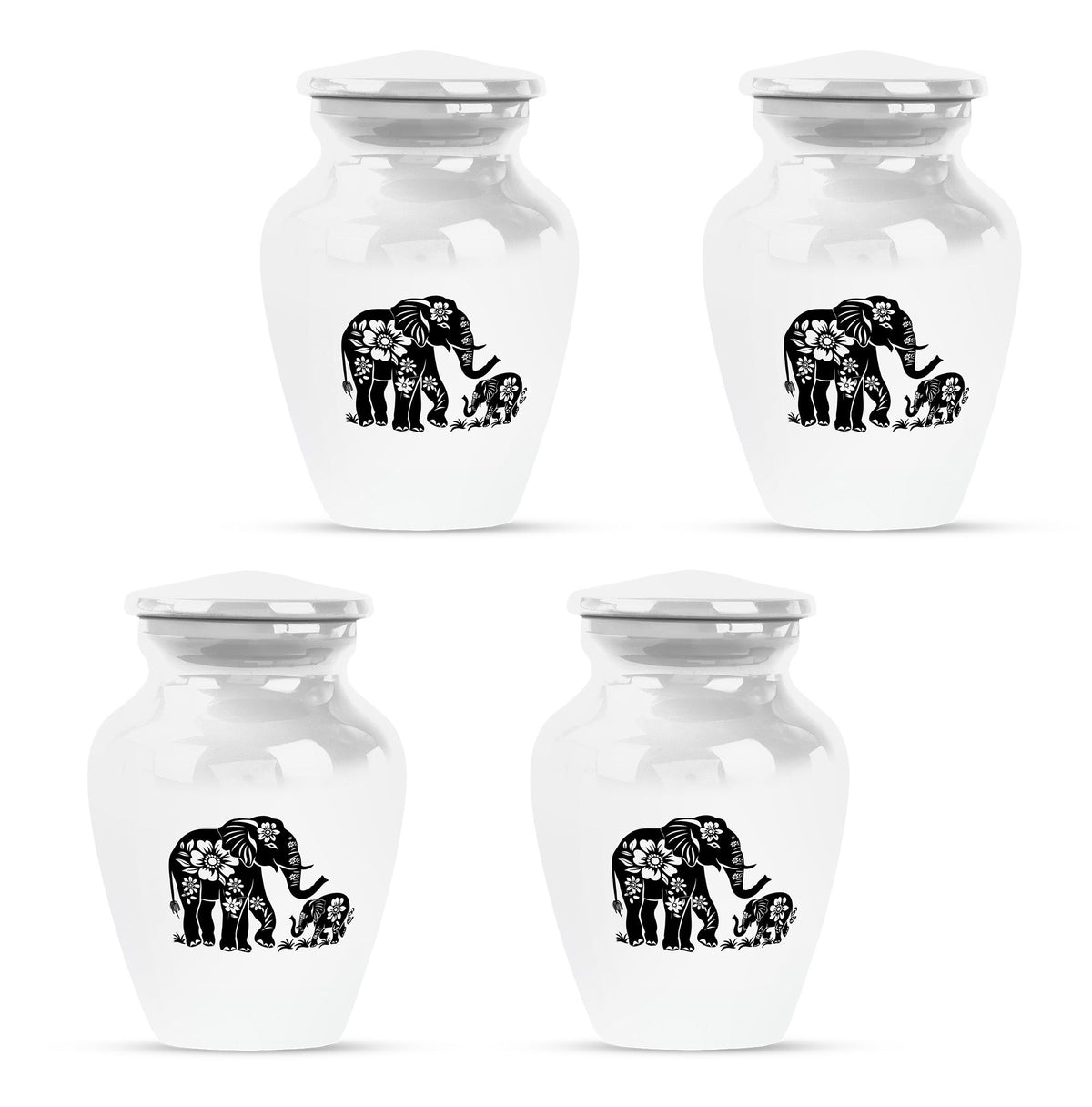 Elephant Urn for Human Ashes, White Urn with Black Floral Elephant and Calf, Memorial Urn