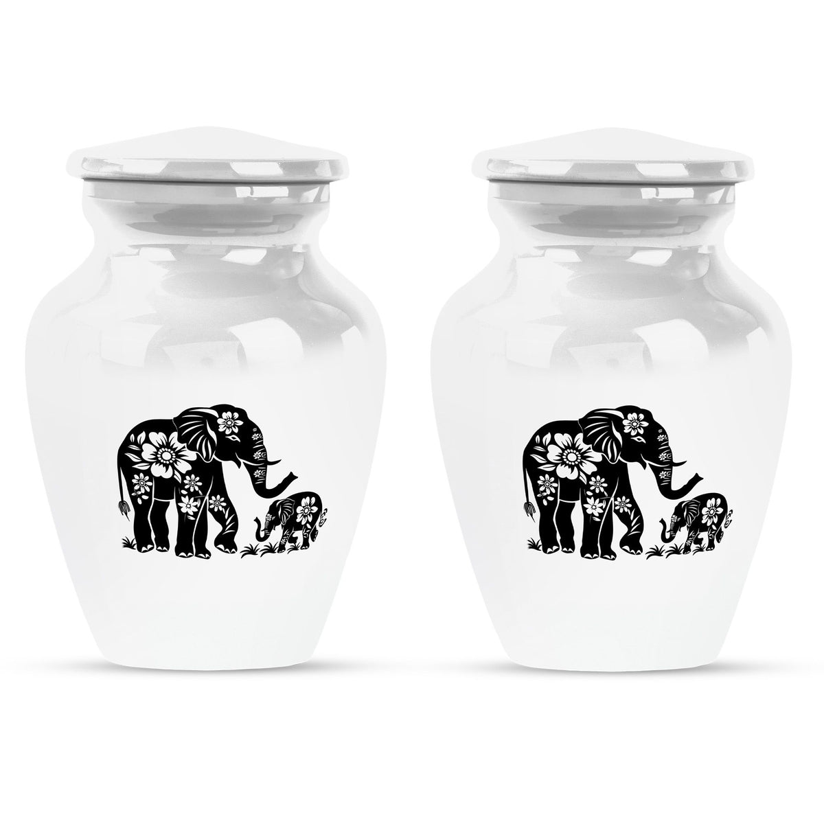Elephant Urn for Human Ashes, White Urn with Black Floral Elephant and Calf, Memorial Urn