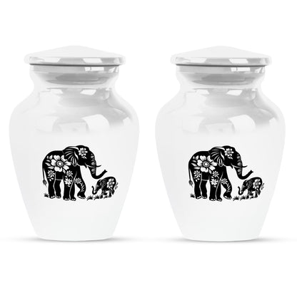 Elephant Urn for Human Ashes, White Urn with Black Floral Elephant and Calf, Memorial Urn