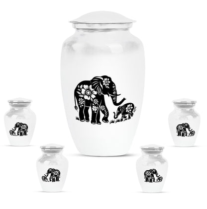 Elephant Urn for Human Ashes, White Urn with Black Floral Elephant and Calf, Memorial Urn
