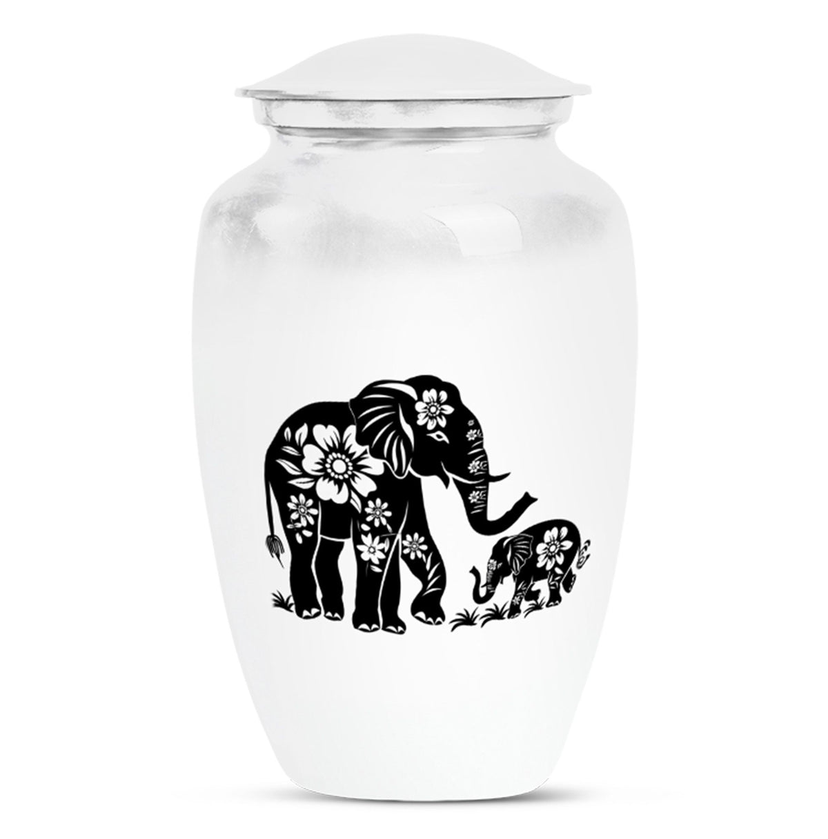 Elephant Urn for Human Ashes, White Urn with Black Floral Elephant and Calf, Memorial Urn