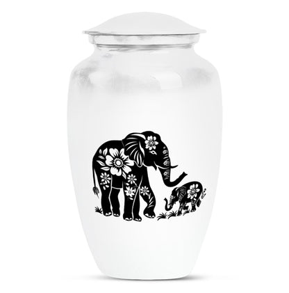 Elephant Urn for Human Ashes, White Urn with Black Floral Elephant and Calf, Memorial Urn