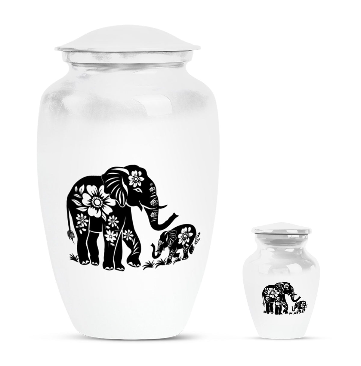 Elephant Urn for Human Ashes, White Urn with Black Floral Elephant and Calf, Memorial Urn