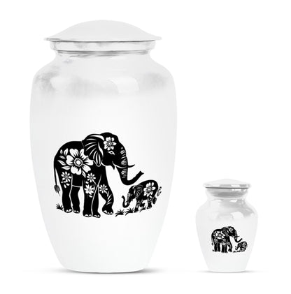 Elephant Urn for Human Ashes, White Urn with Black Floral Elephant and Calf, Memorial Urn