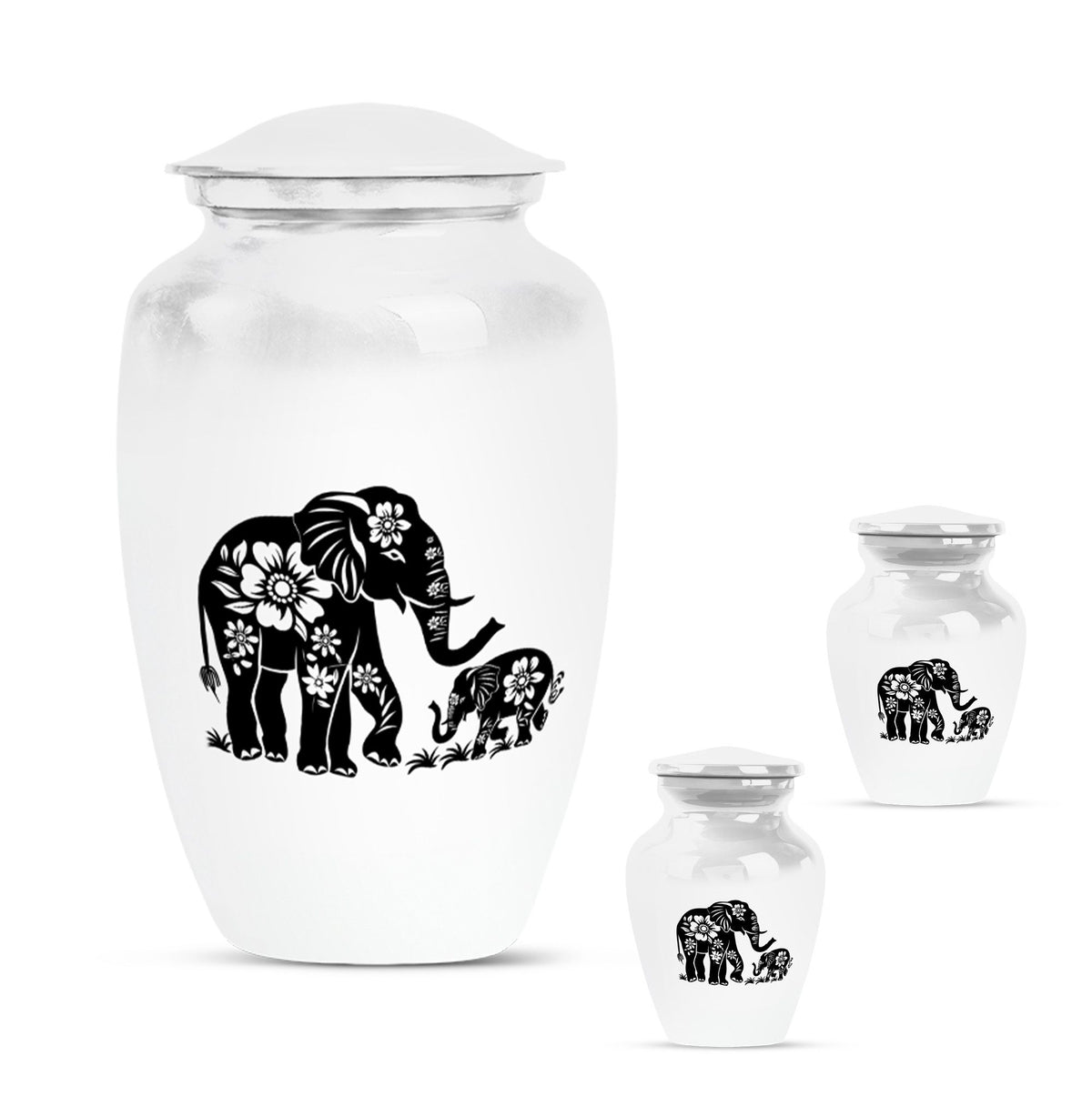 Elephant Urn for Human Ashes, White Urn with Black Floral Elephant and Calf, Memorial Urn