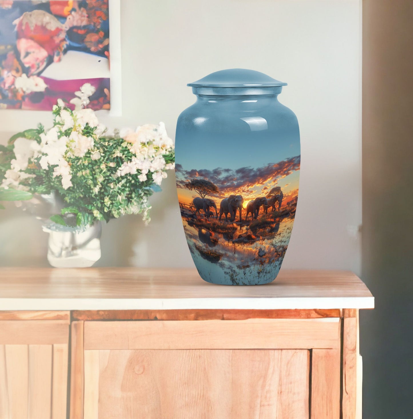 Classic abstract elephant family urn for adult male dad.