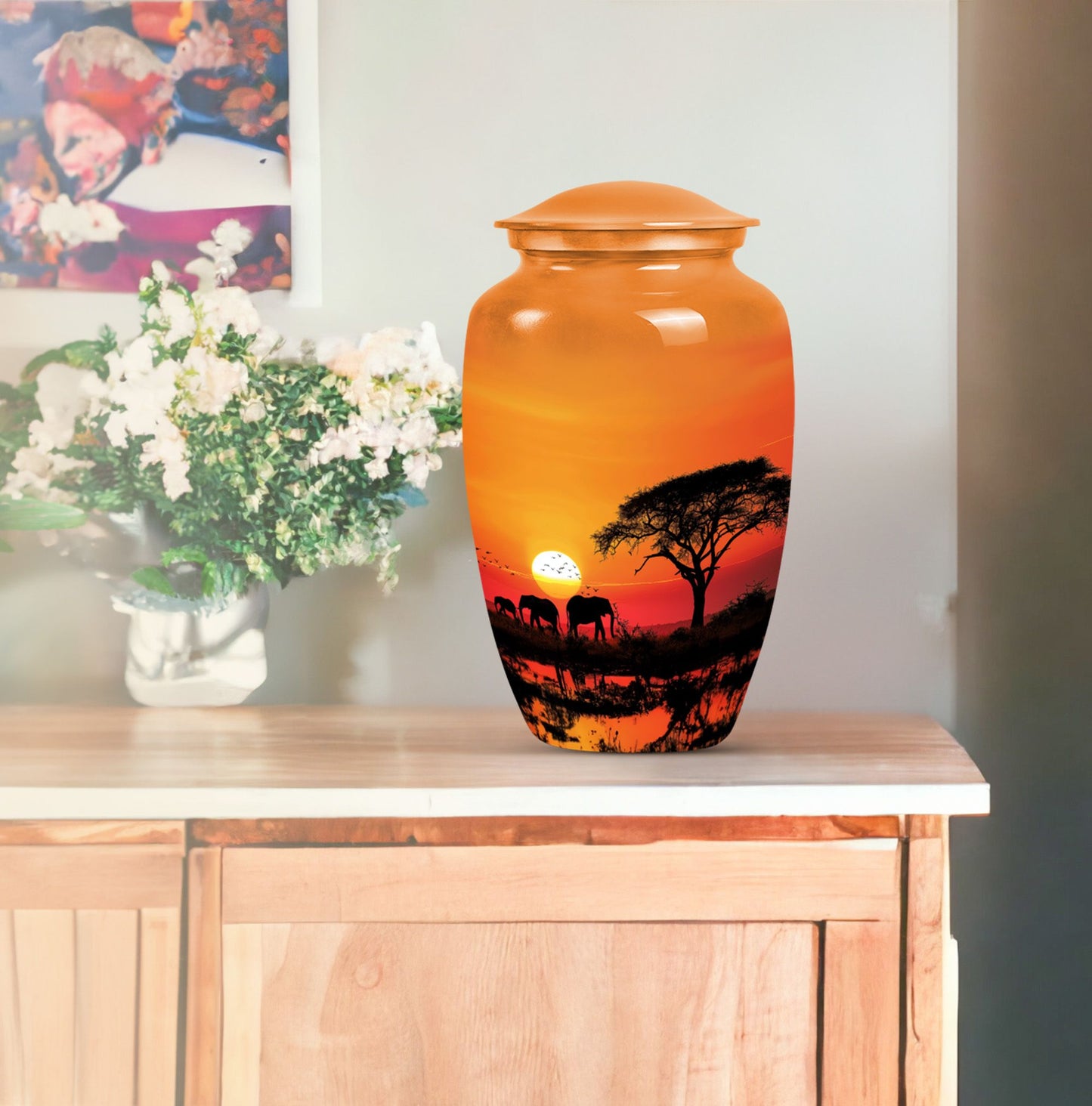 Elephant Family classic aluminium urn for adult ashes.