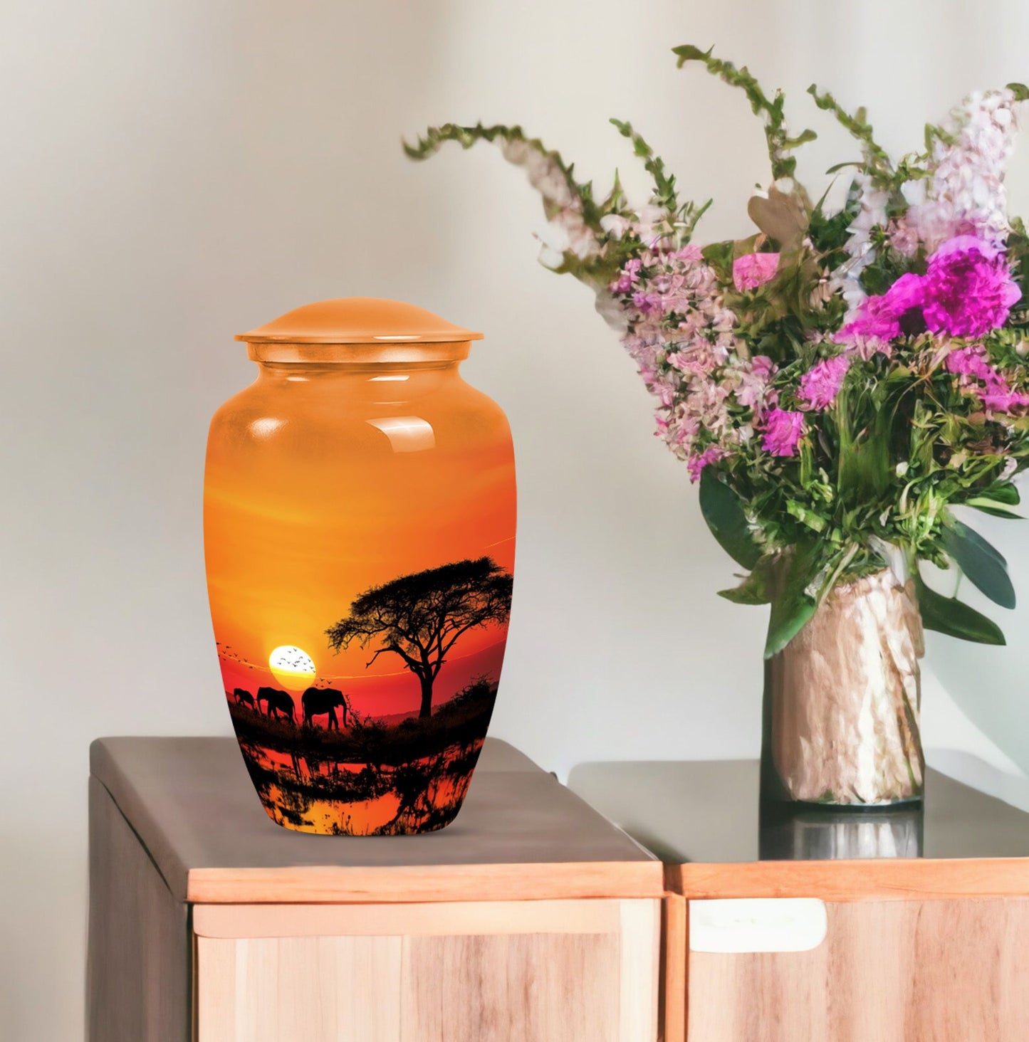 Elephant Family classic aluminium urn for adult ashes.
