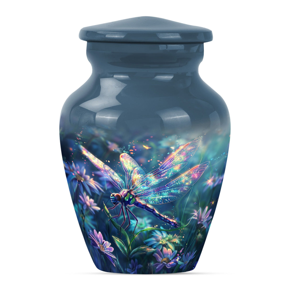 Dragonfly Urn for Human Ashes, Iridescent Among Spring Wildflowers, Classic Memorial Urn
