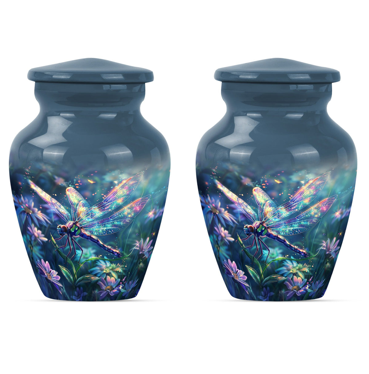 Dragonfly Urn for Human Ashes, Iridescent Among Spring Wildflowers, Classic Memorial Urn