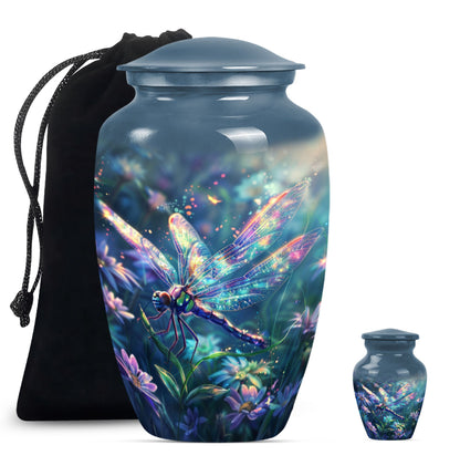 Dragonfly Urn for Human Ashes, Iridescent Among Spring Wildflowers, Classic Memorial Urn