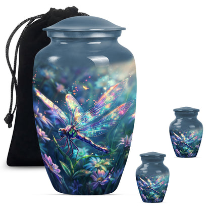 Dragonfly Urn for Human Ashes, Iridescent Among Spring Wildflowers, Classic Memorial Urn