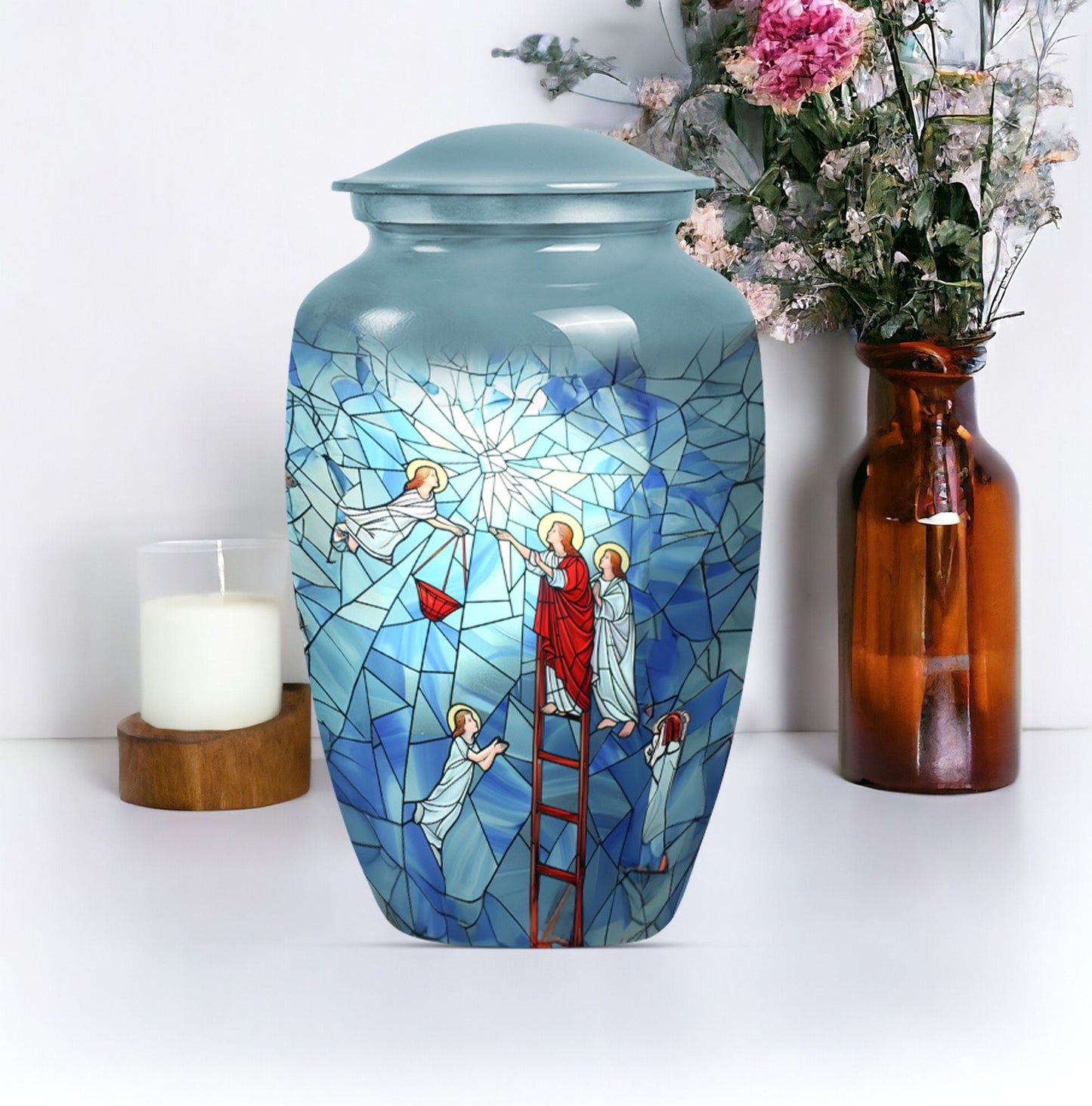 Stained glass classic cremation urn.