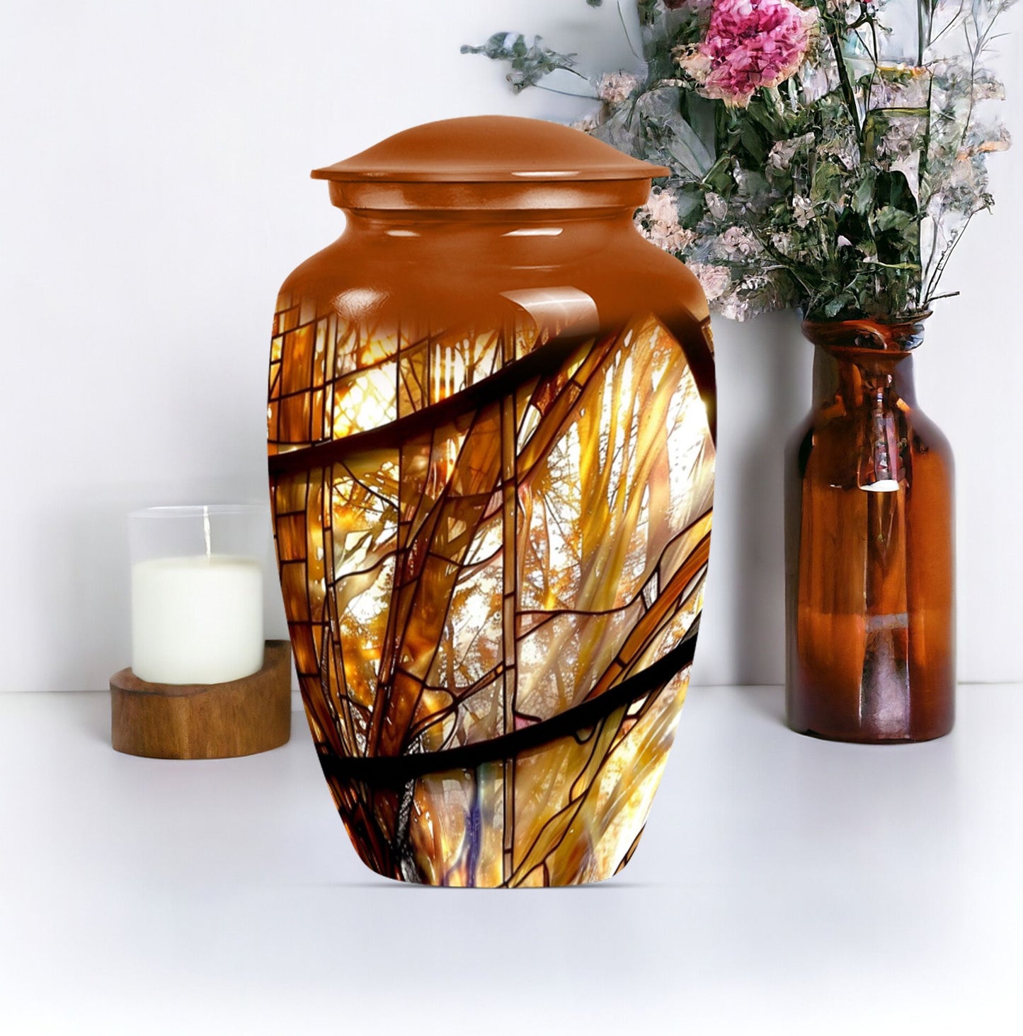 Stained glass classic large urn for men ashes.