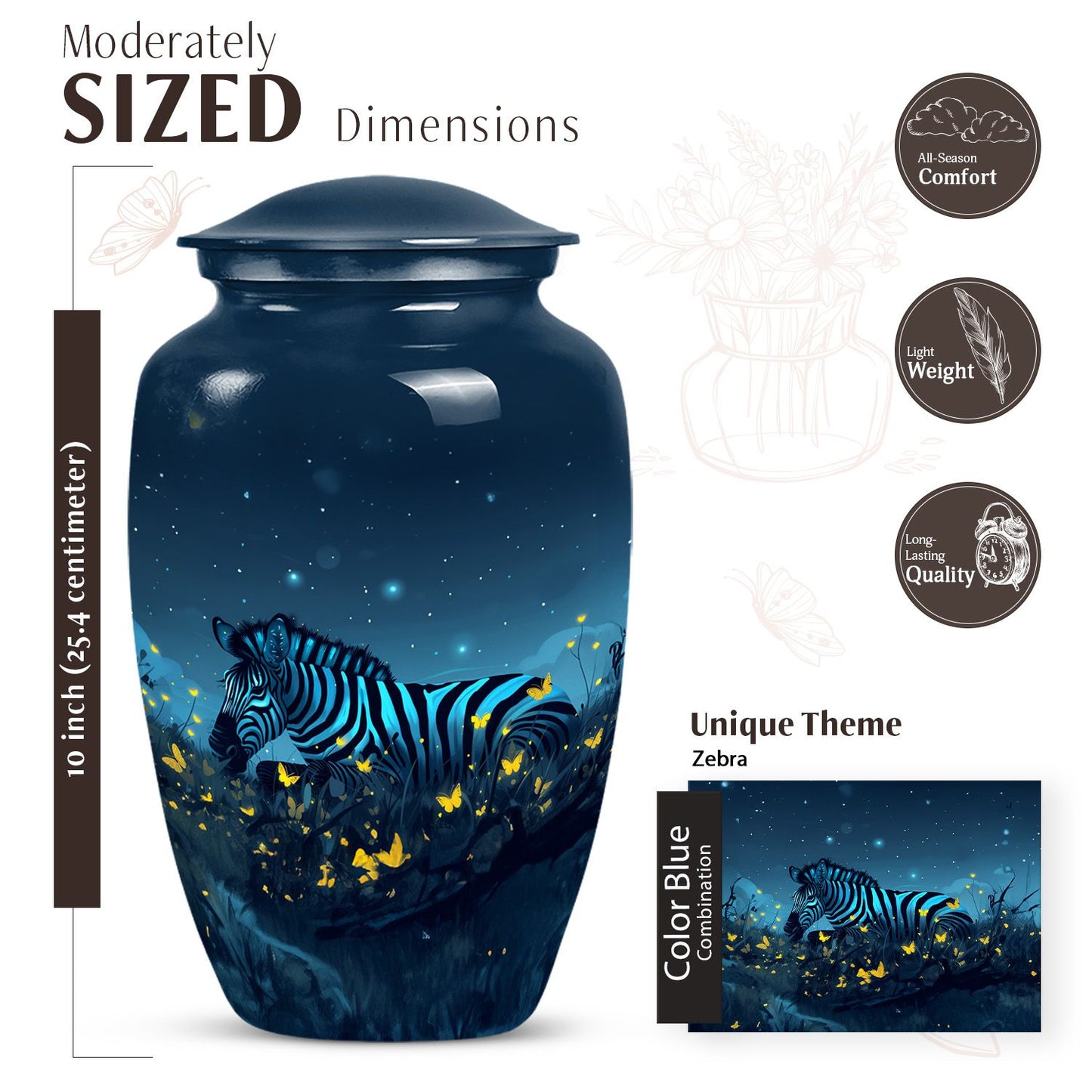 10-inch Classic zebra memorial large urn for human ashes
