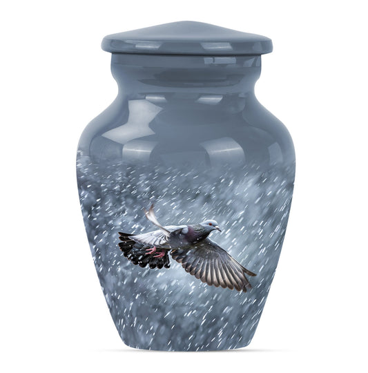 Bird Urn for Human Ashes, Dove Flying Through Falling Snow, Grey Memorial Urn
