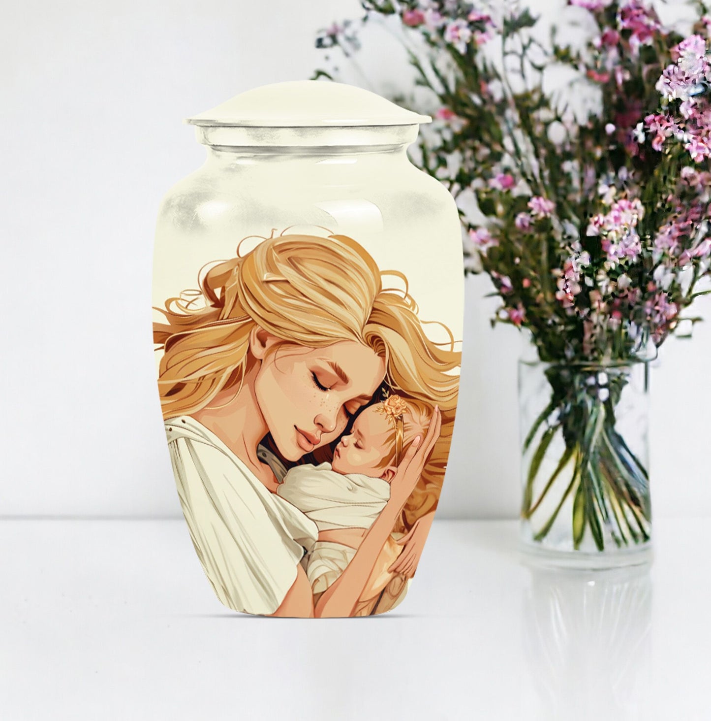 classic aluminum mother urn with personalization option.