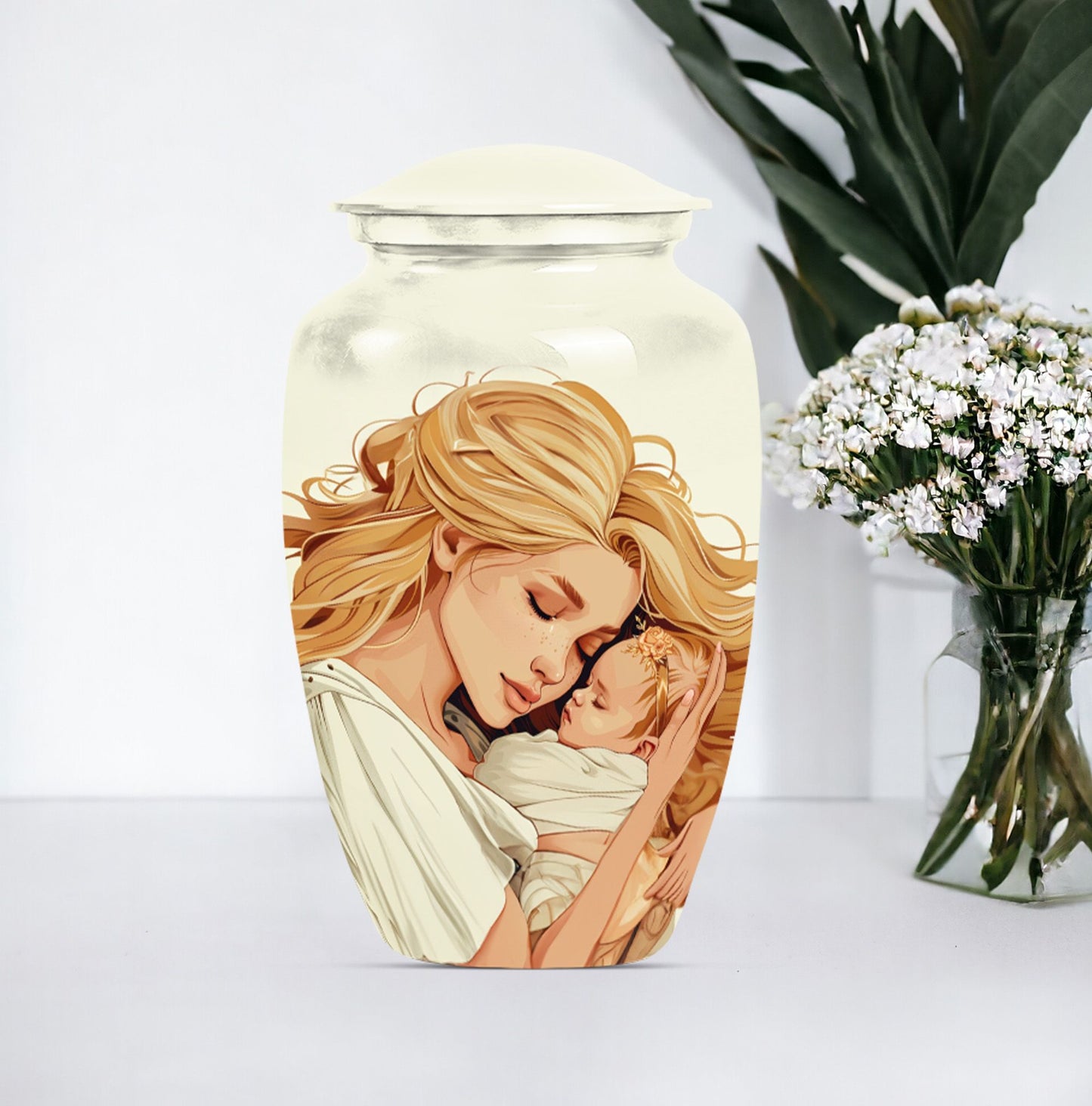 classic aluminum mother urn with personalization option.