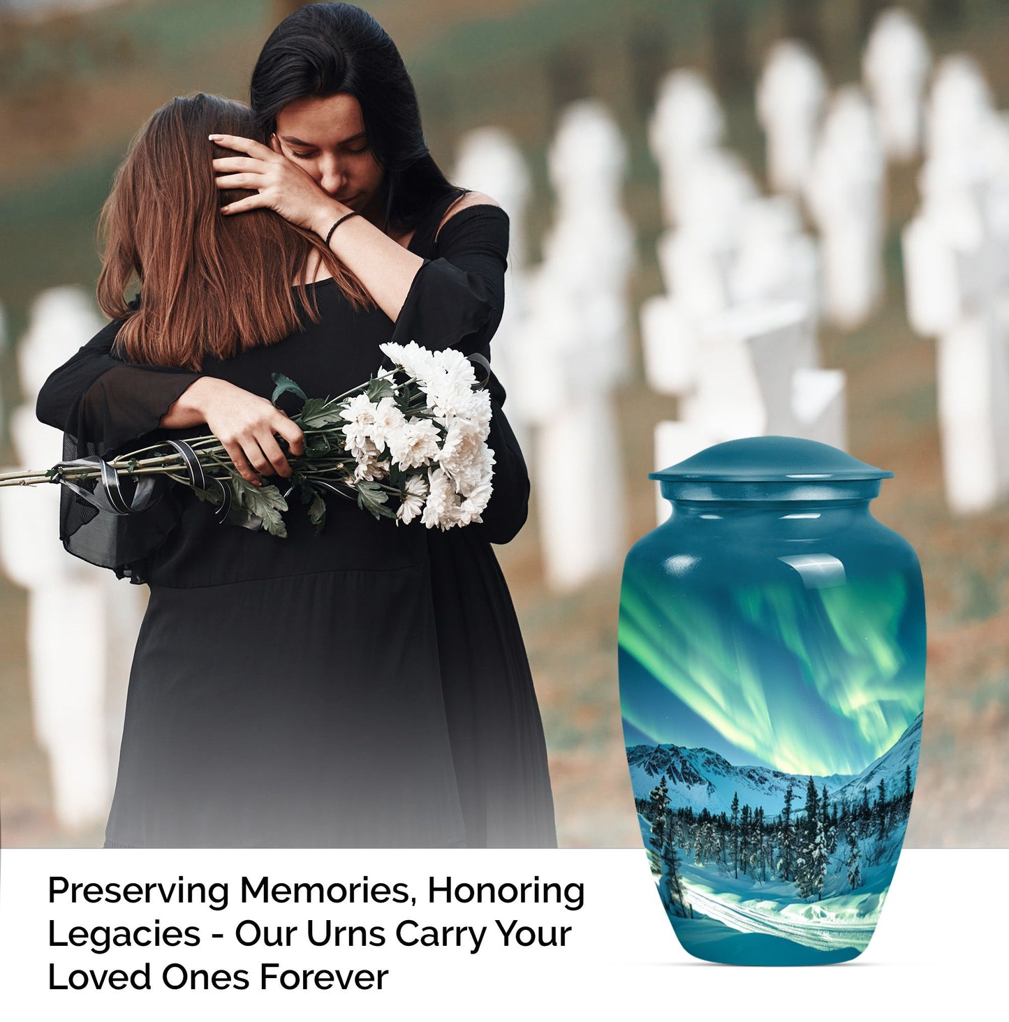 10-inch aluminium Northern Lights Urn for human ashes.
