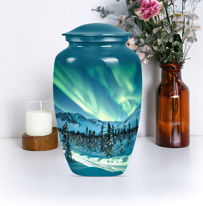 10-inch aluminium Northern Lights Urn for human ashes.