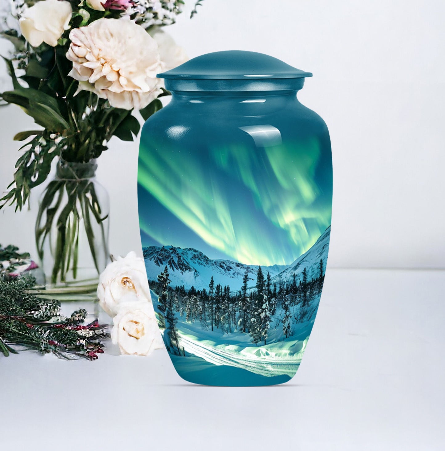 10-inch aluminium Northern Lights Urn for human ashes.