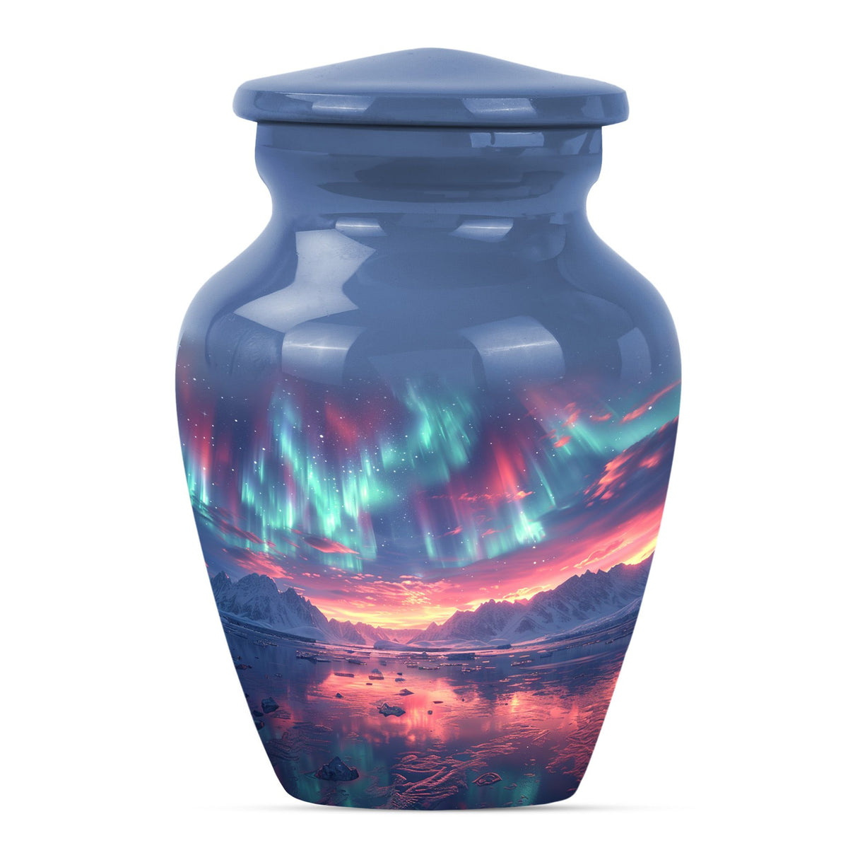Aurora Borealis Urn for Human Ashes, over Sunset Mountains and Water, Cremation Urn