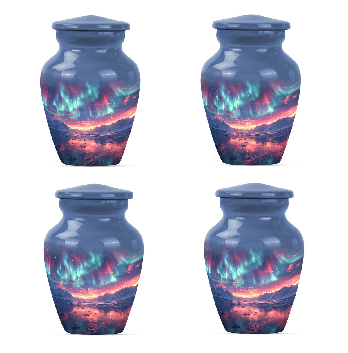 Aurora Borealis Urn for Human Ashes, over Sunset Mountains and Water, Cremation Urn