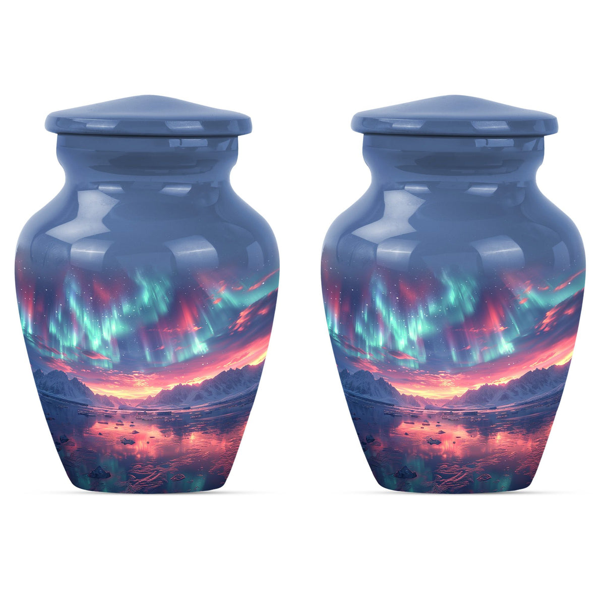 Aurora Borealis Urn for Human Ashes, over Sunset Mountains and Water, Cremation Urn