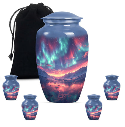 Aurora Borealis Urn for Human Ashes, over Sunset Mountains and Water, Cremation Urn