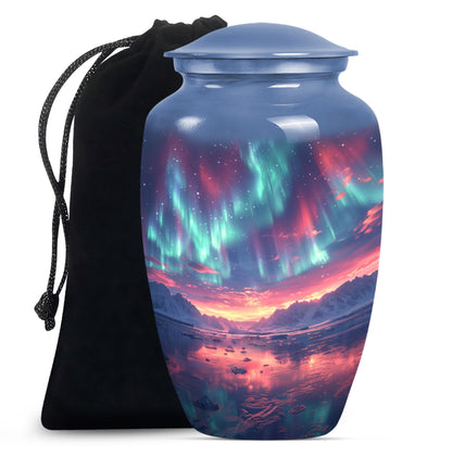 Aurora Borealis Urn for Human Ashes, over Sunset Mountains and Water, Cremation Urn
