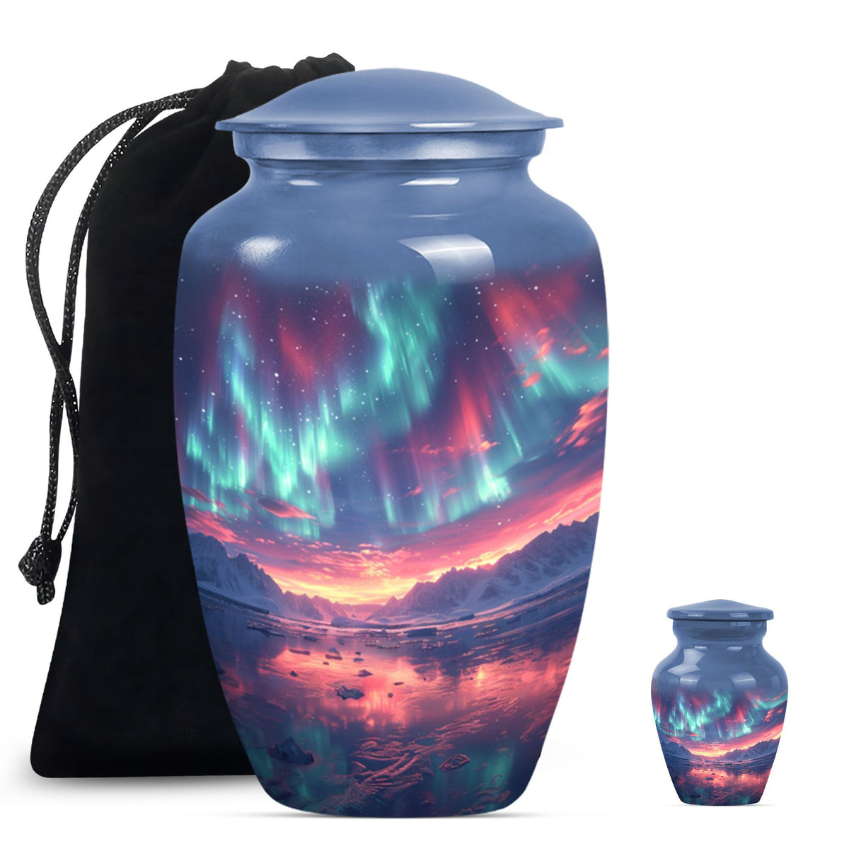 Aurora Borealis Urn for Human Ashes, over Sunset Mountains and Water, Cremation Urn