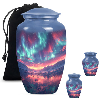 Aurora Borealis Urn for Human Ashes, over Sunset Mountains and Water, Cremation Urn