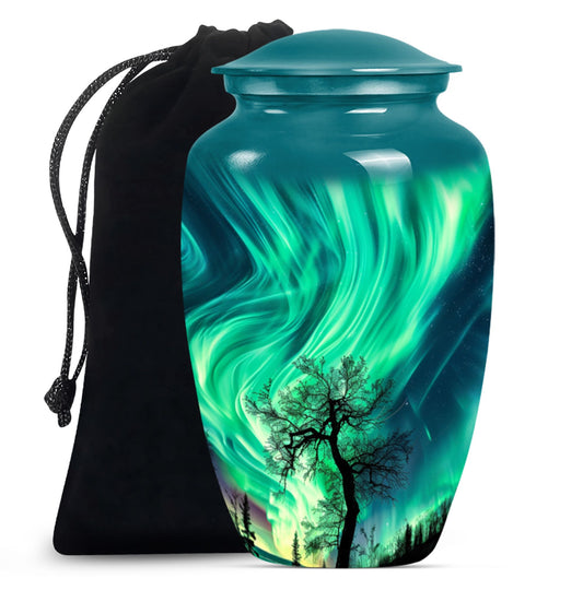 Abstract-designed Northern Lights Urn for ground burial.