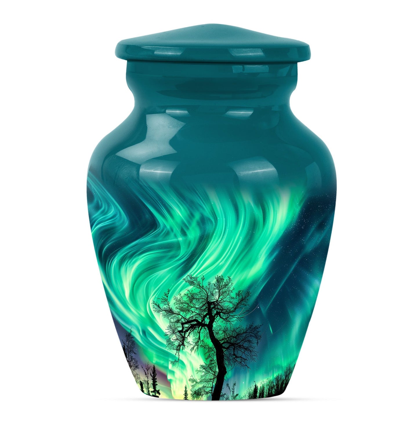Abstract-designed Northern Lights Urn for ground burial.