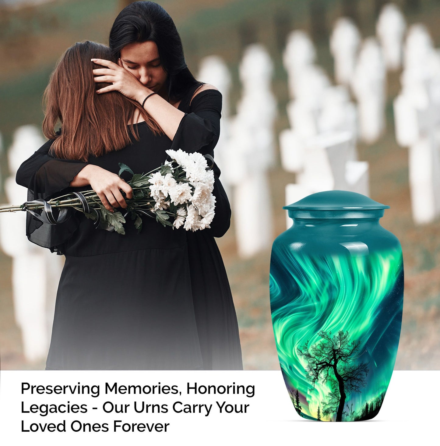 Abstract-designed Northern Lights Urn for ground burial.
