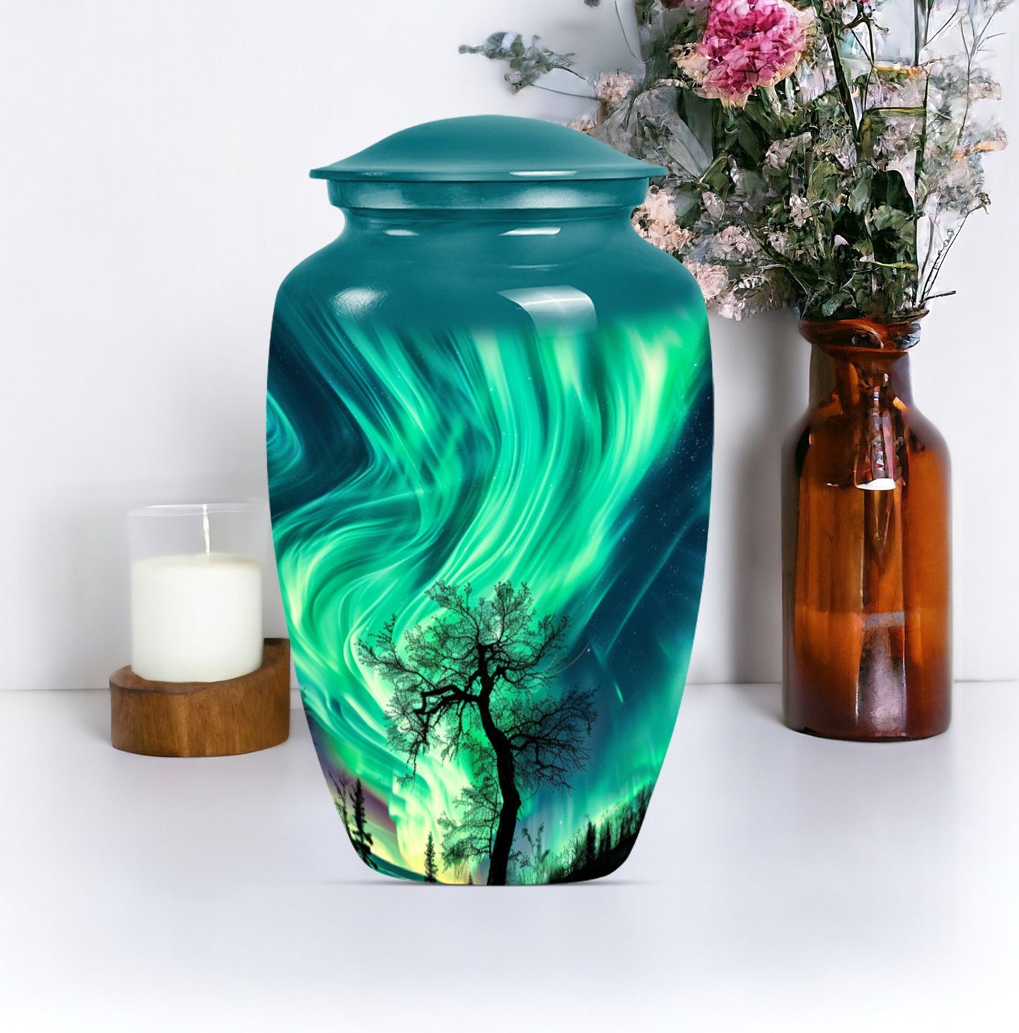 Abstract-designed Northern Lights Urn for ground burial.