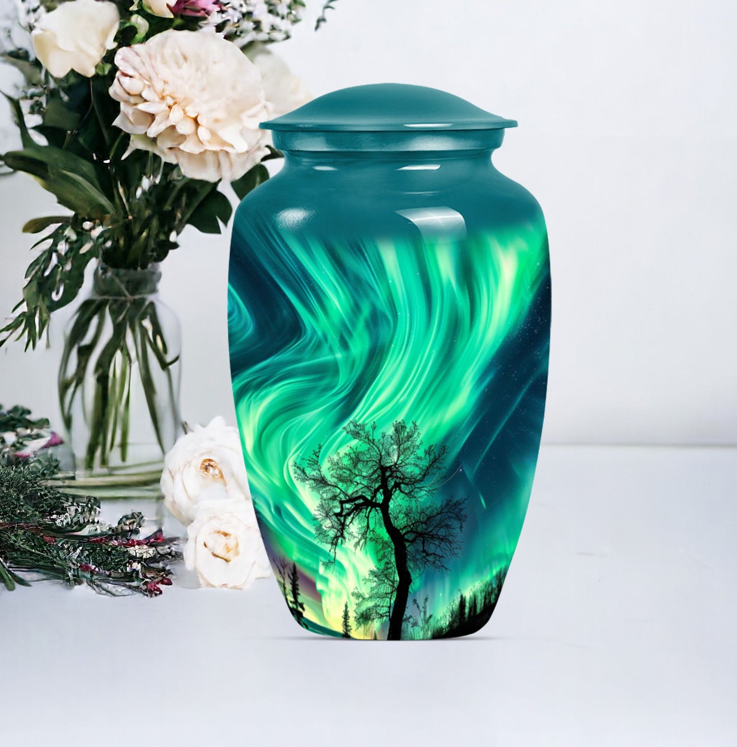 Abstract-designed Northern Lights Urn for ground burial.