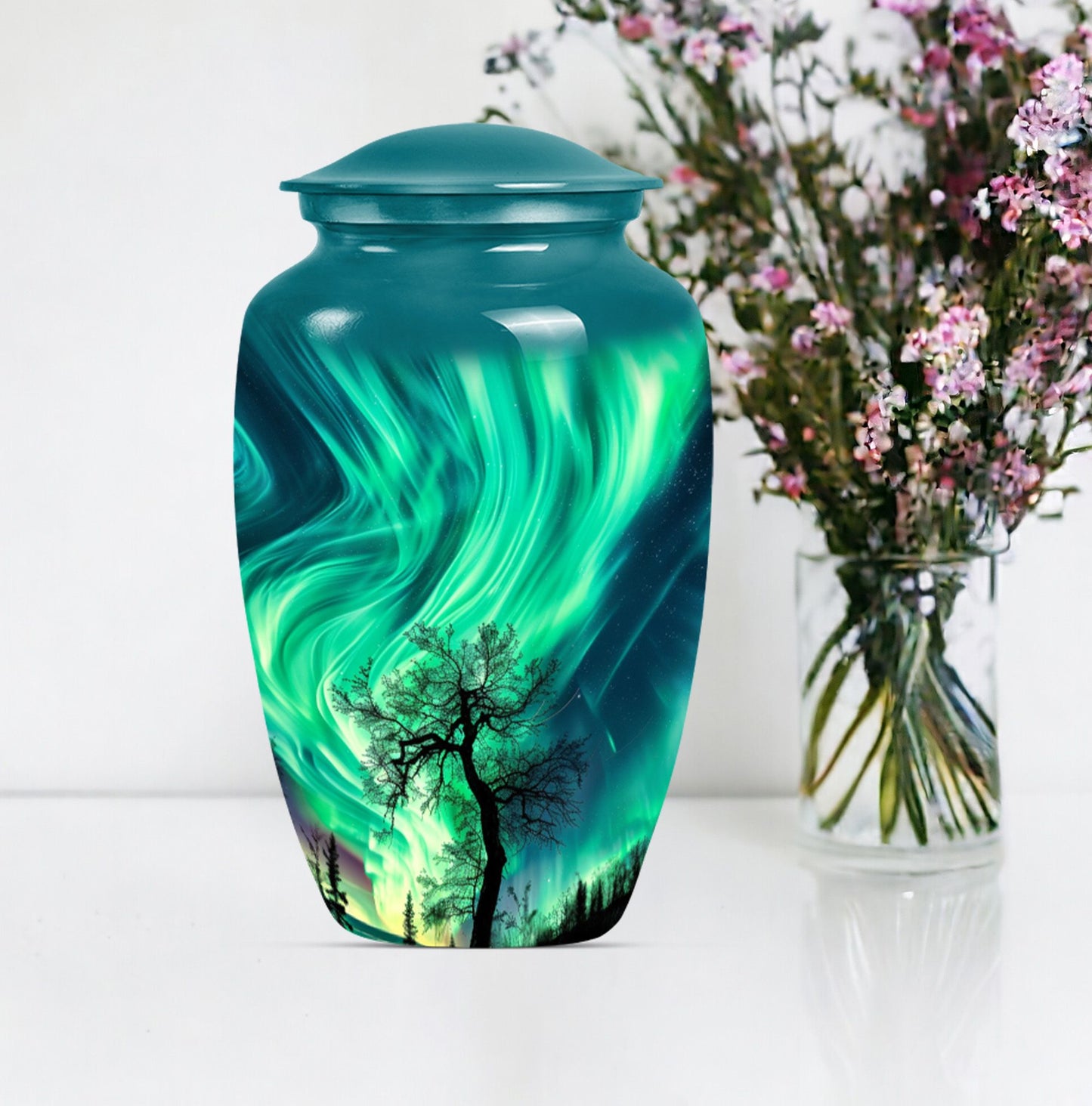 Abstract-designed Northern Lights Urn for ground burial.