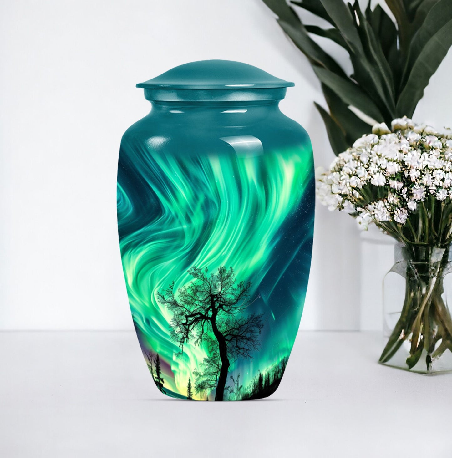 Abstract-designed Northern Lights Urn for ground burial.