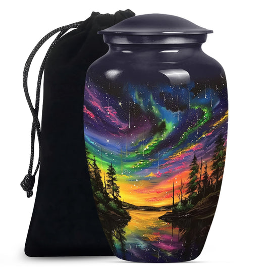 Classic 10-inch purple meadow design Northern Lights large cremation urn made of aluminium