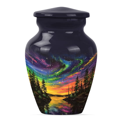 Classic 10-inch purple meadow design Northern Lights large cremation urn made of aluminium