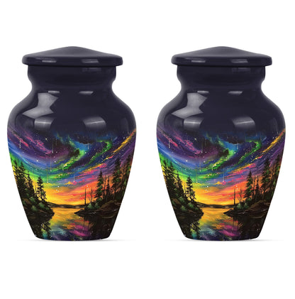 Classic 10-inch purple meadow design Northern Lights large cremation urn made of aluminium