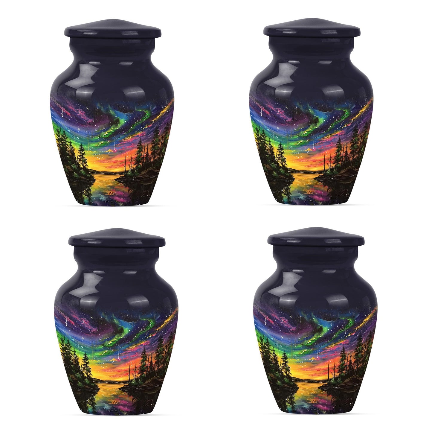 Classic 10-inch purple meadow design Northern Lights large cremation urn made of aluminium