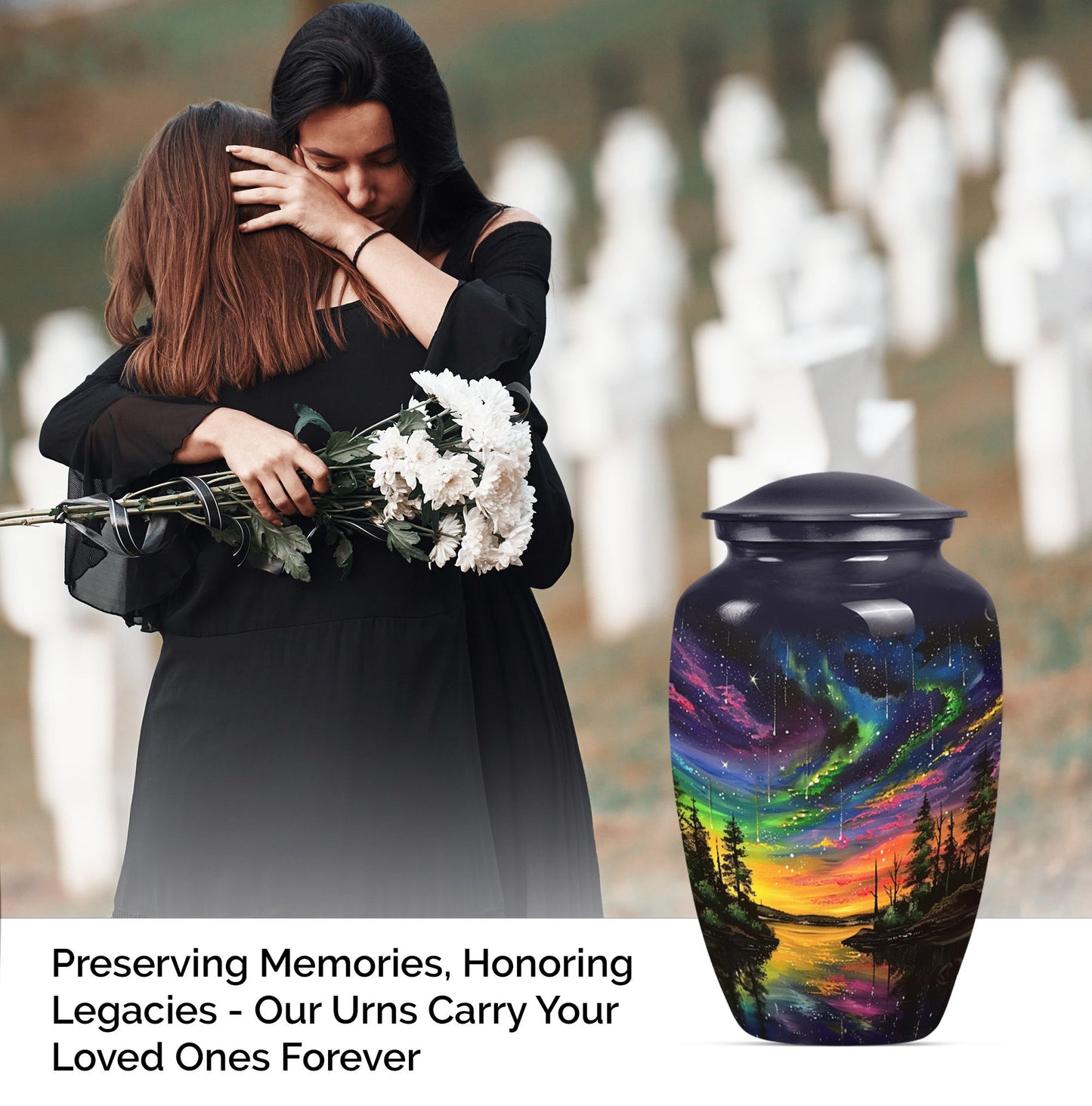 Classic 10-inch purple meadow design Northern Lights large cremation urn made of aluminium