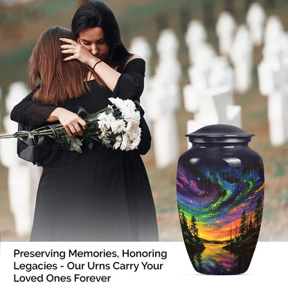 Classic 10-inch purple meadow design Northern Lights large cremation urn made of aluminium
