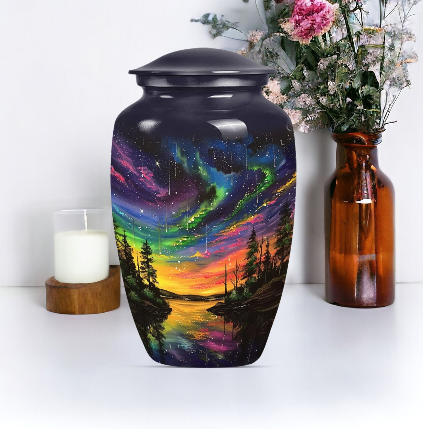 Classic 10-inch purple meadow design Northern Lights large cremation urn made of aluminium