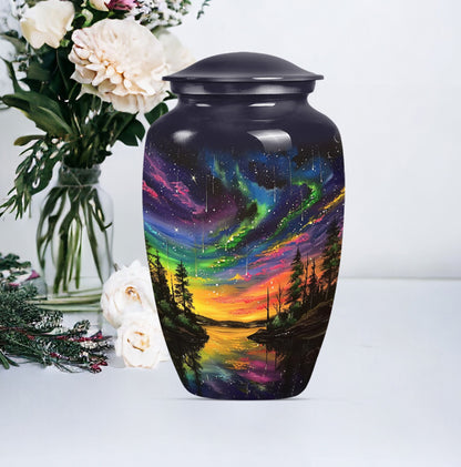 Classic 10-inch purple meadow design Northern Lights large cremation urn made of aluminium
